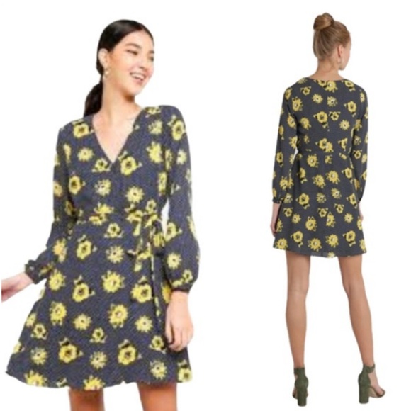 Banana Republic Navy Blue Yellow Polka Dot Floral Faux Wrap Dress Size 2 Modest - Picture 1 of 14
